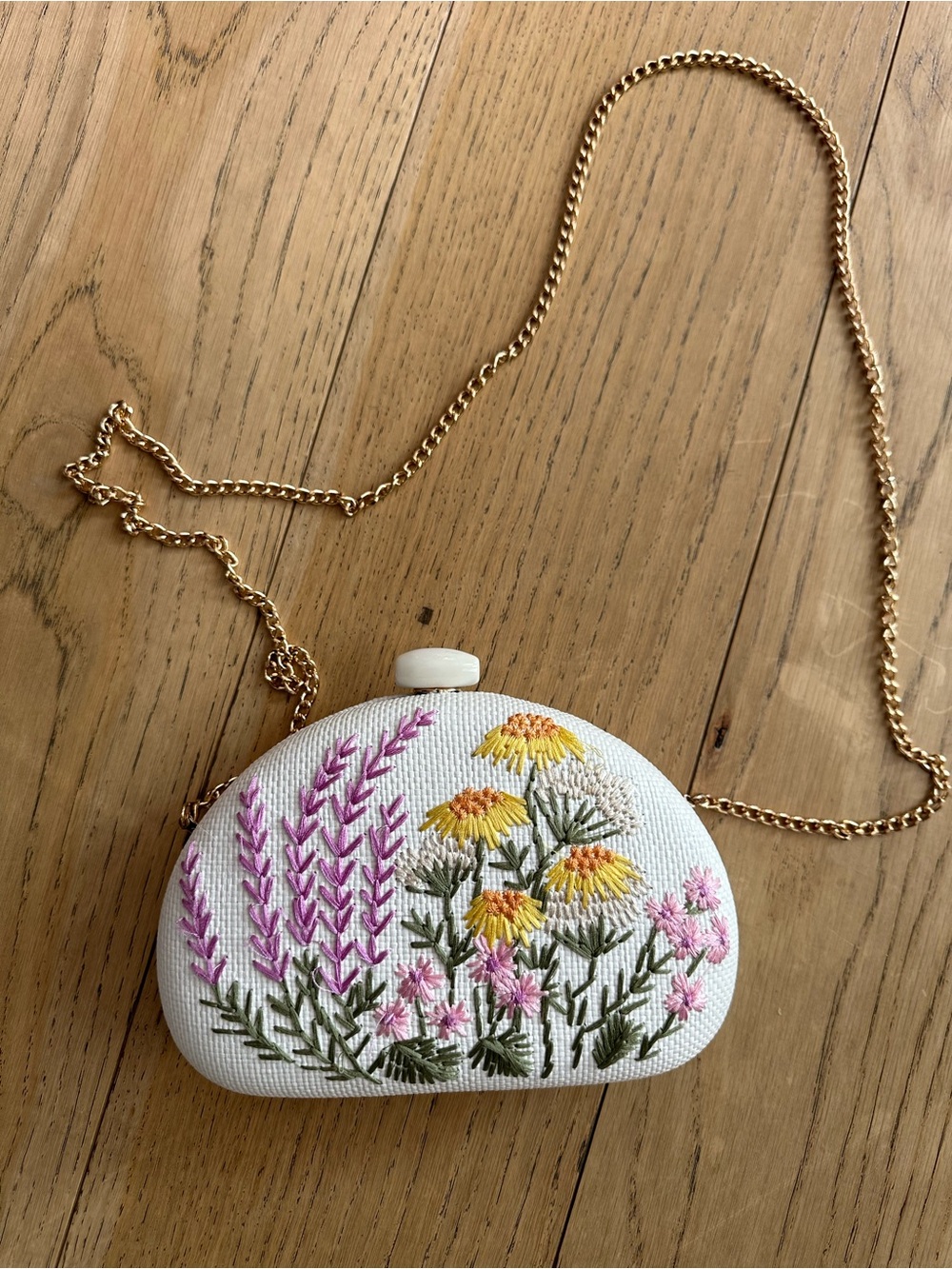 Flower-Embroidered
Straw Clutch Bag